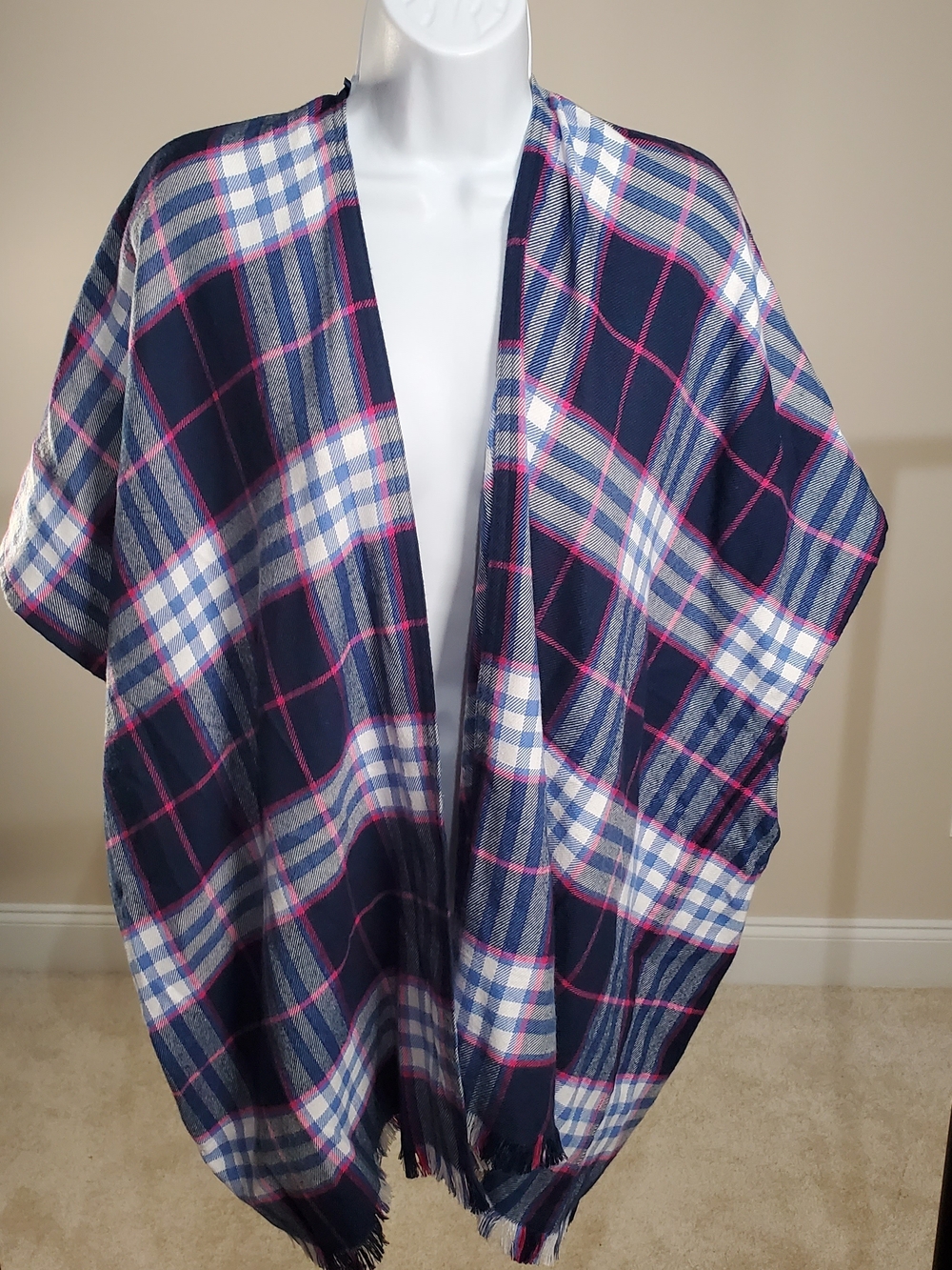 LOFT - Plaid Blanket Wrap Poncho Navy Blue Pink Fringe M/L